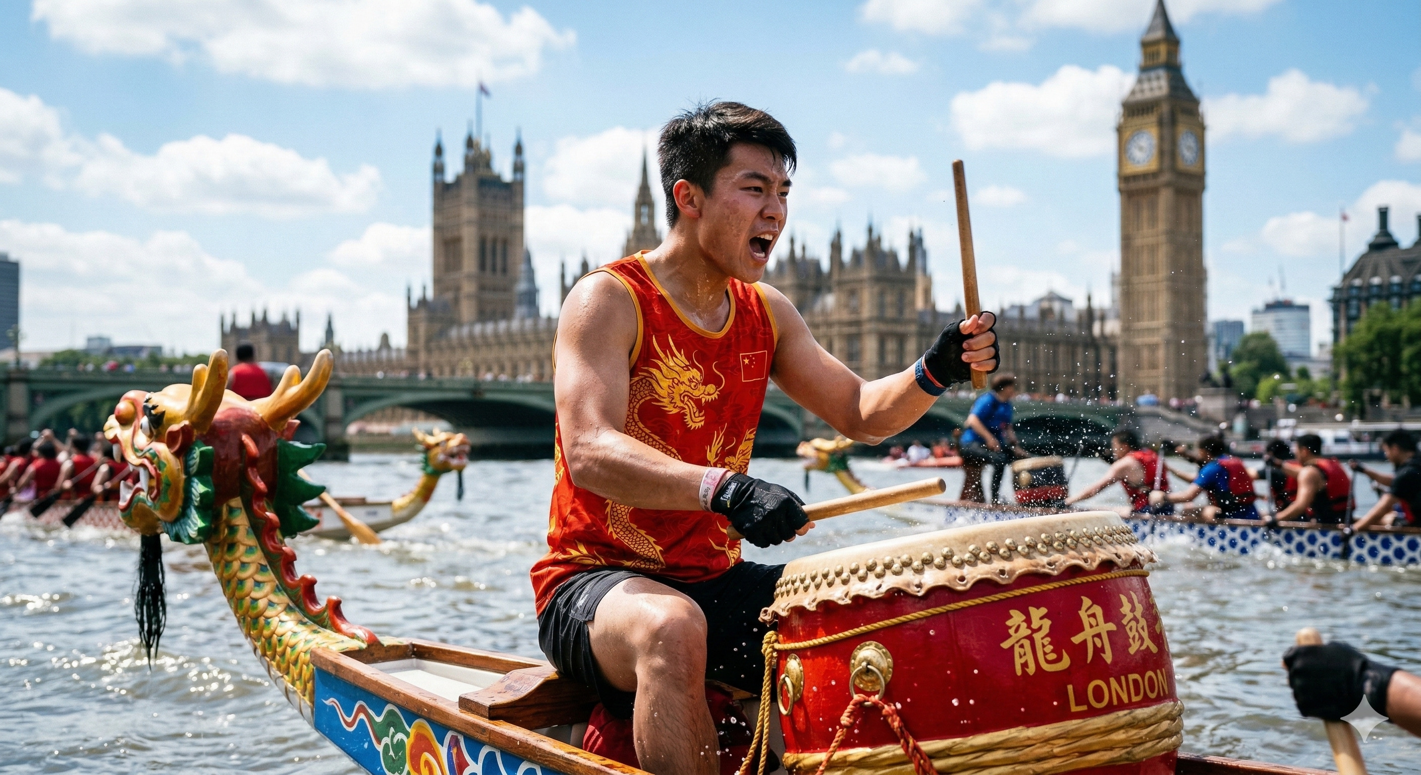 Drummer shouting with Big Ben and Parliament in the background