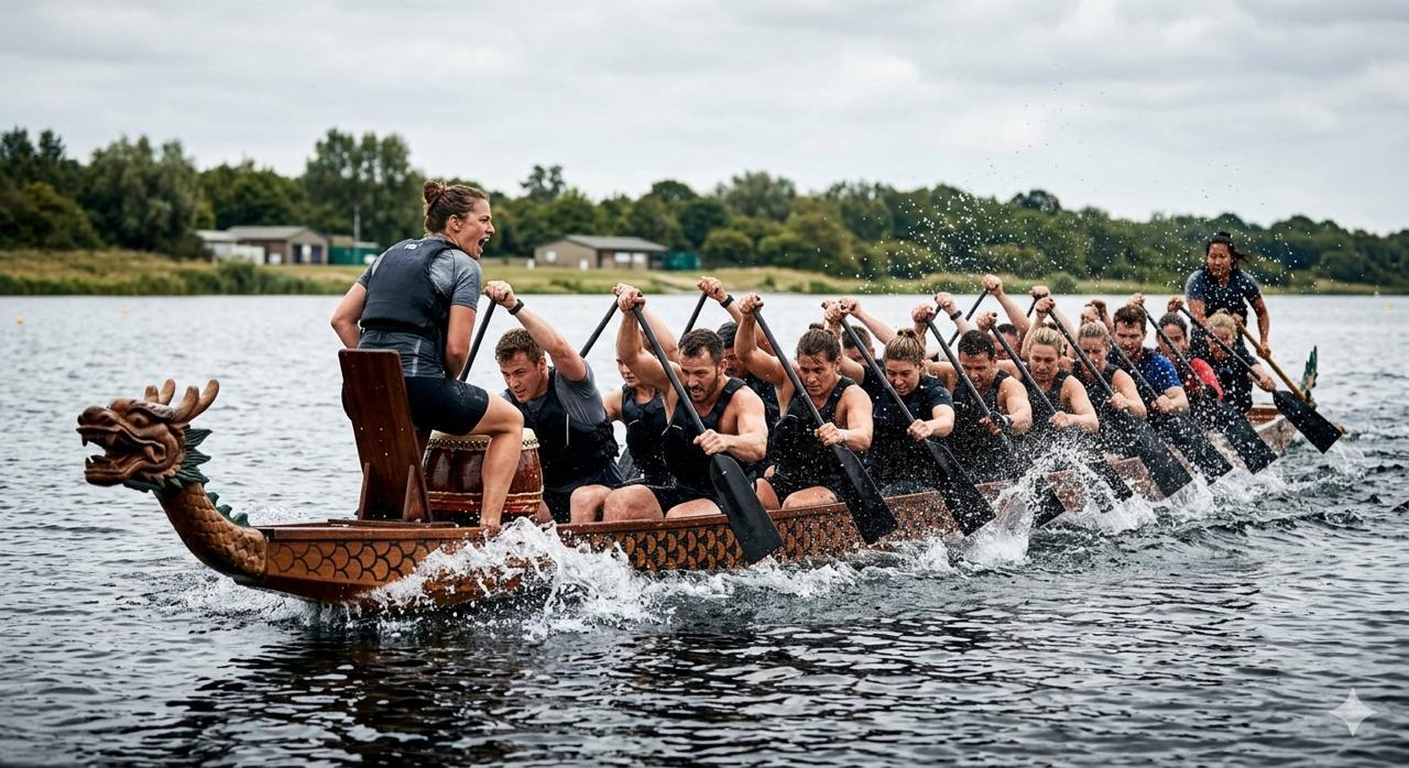 Front angle of a mixed crew racing intensely