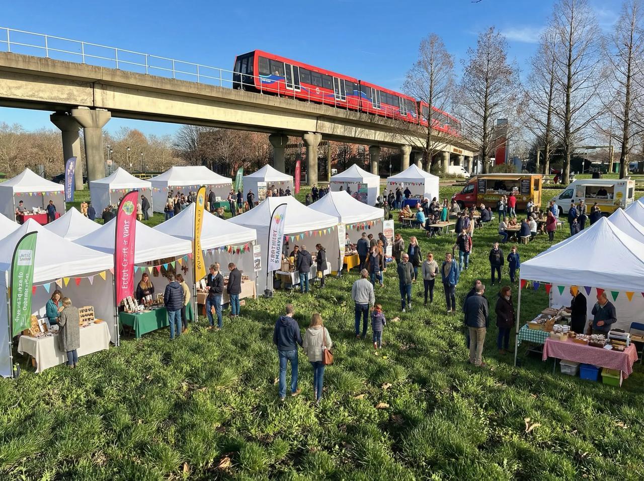 Festival Village with tents and DLR train passing over
